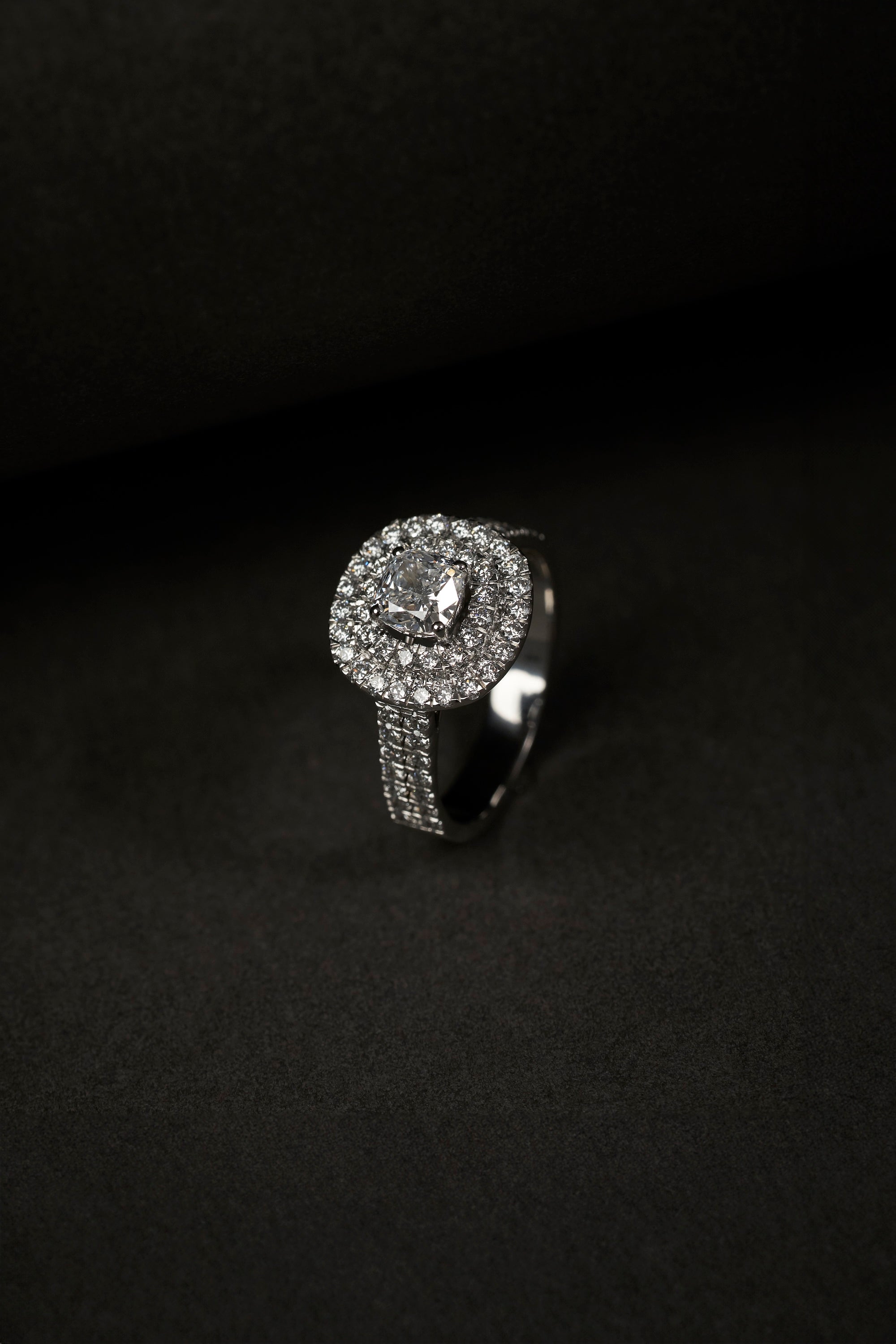 Double Halo Cut Cushion Diamond Ring