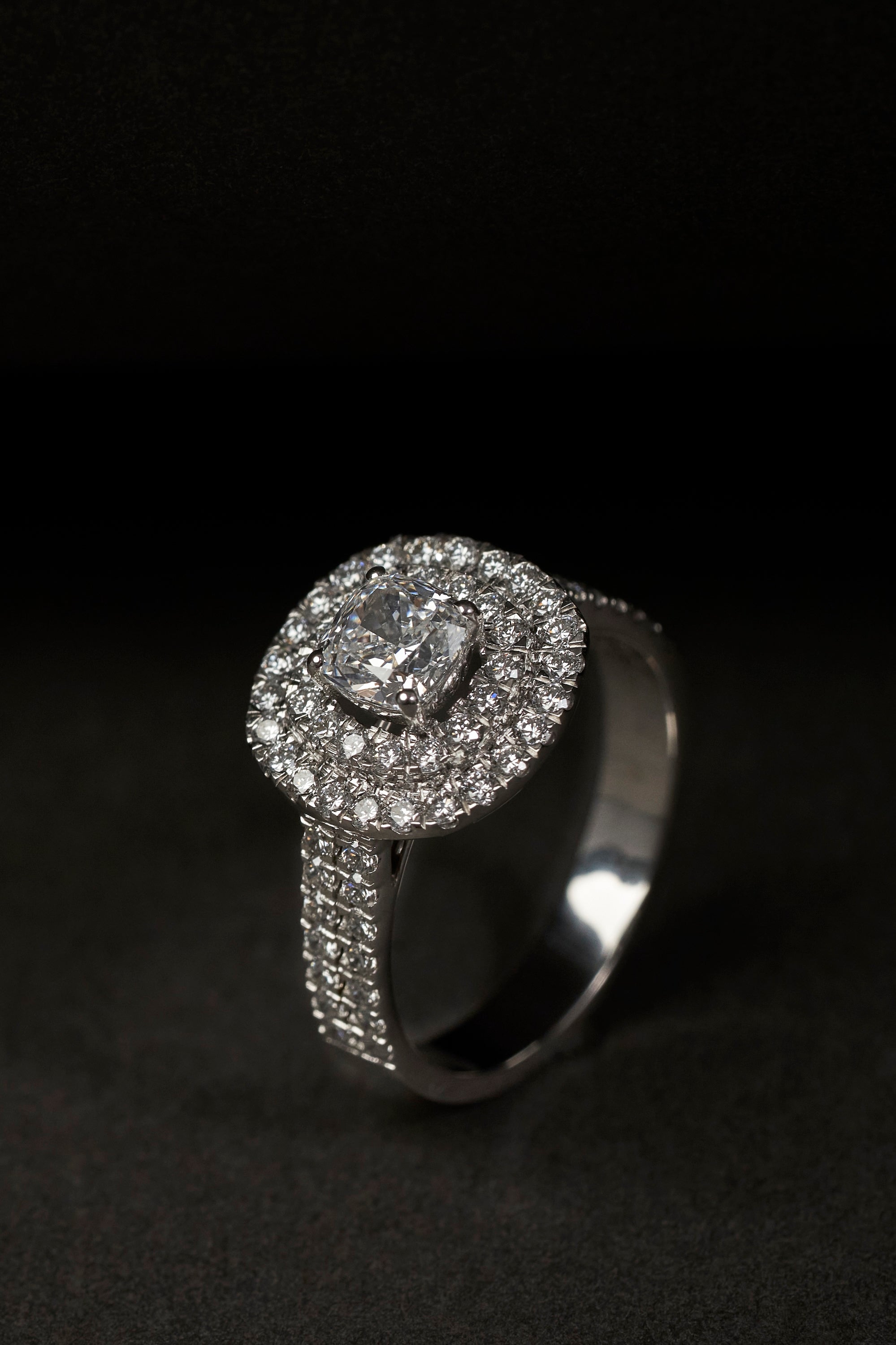 Double Halo Cut Cushion Diamond Ring