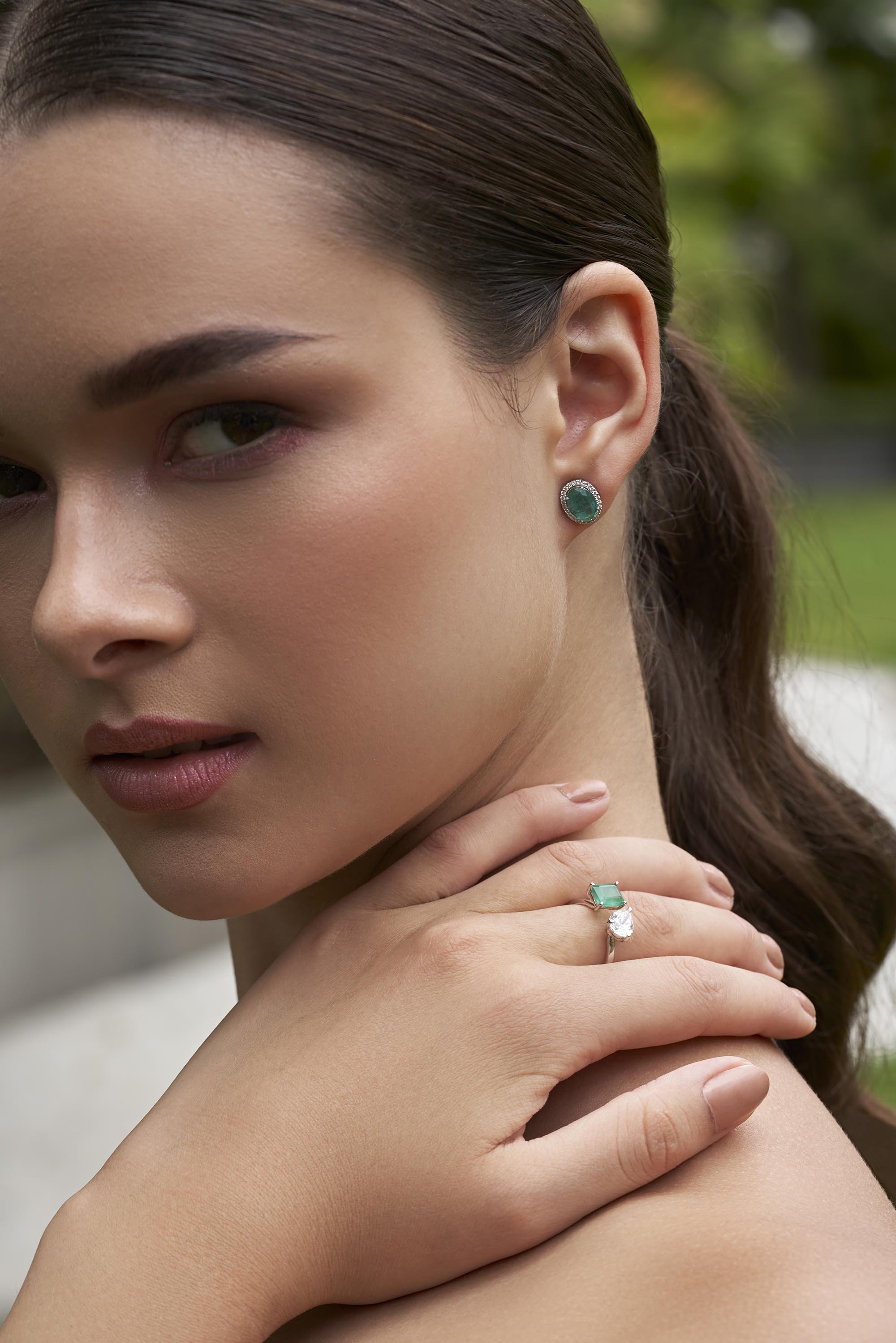 Halo Emerald and diamond studs