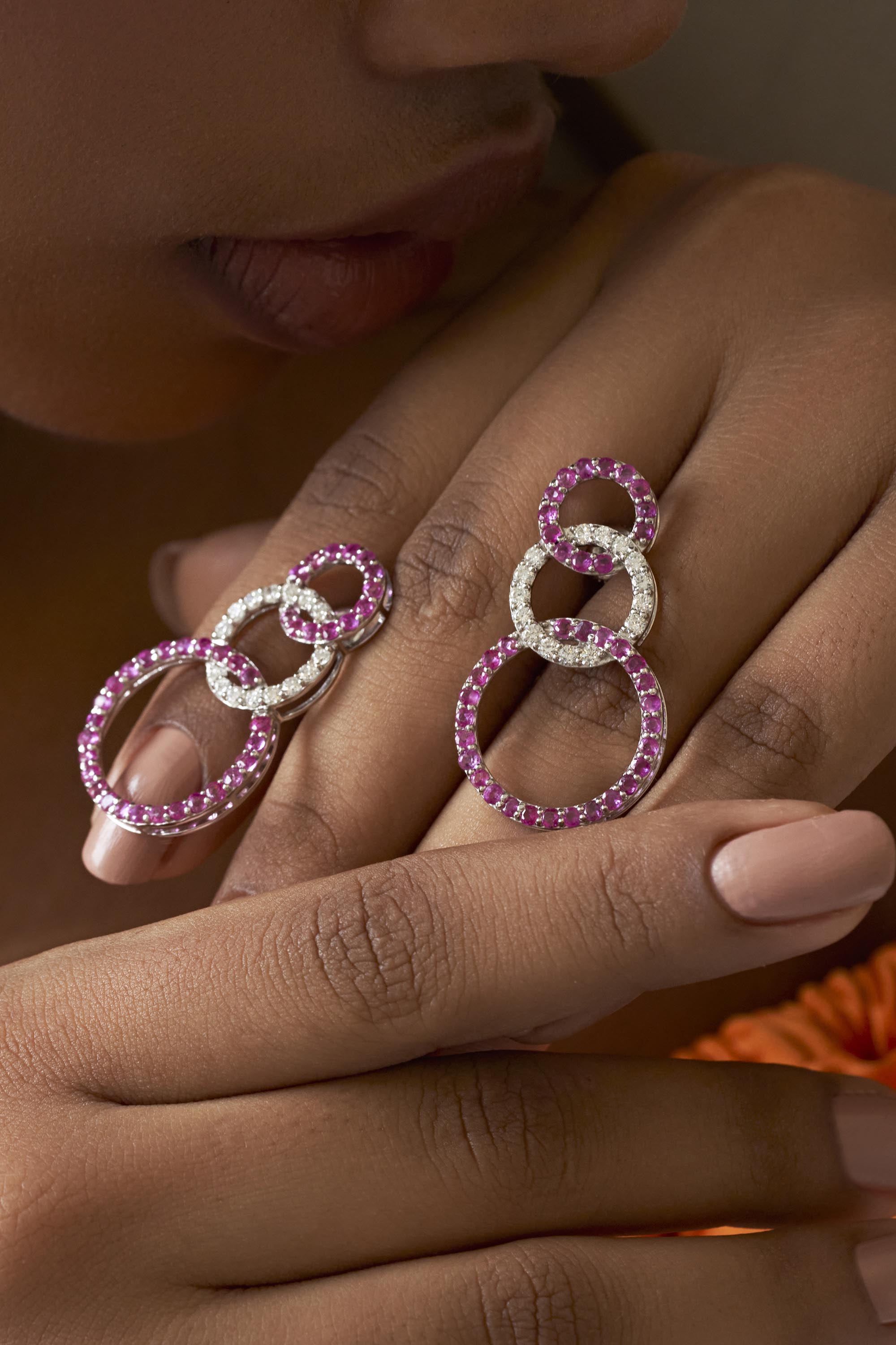 Pink Ruby diamond circle earrings